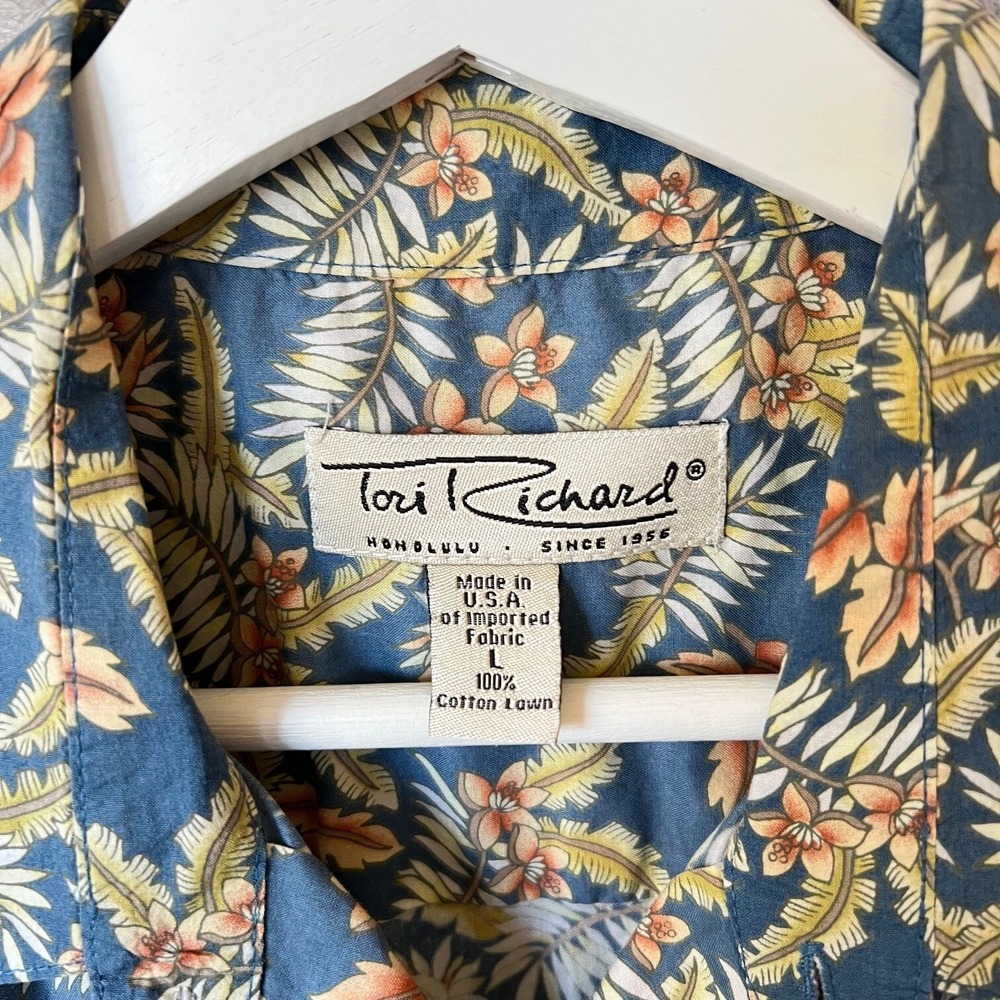 Tori Richard Hawaiian Shirt Mens Large Blue Floral Aloha Travel USA Made Cotton